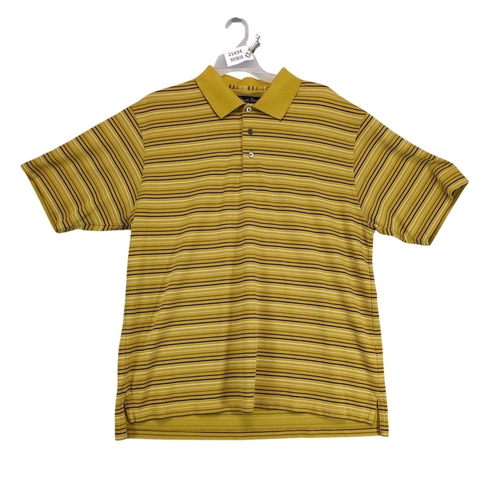 Vintage Y2K Straight Down Yellow Polo Shirt Mens L Striped Cotton Korea Made 90s